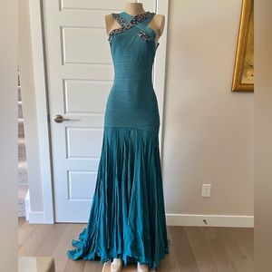 Teal Floor Length Maxazria BCBG Bodycon Gown with Embellished Straps